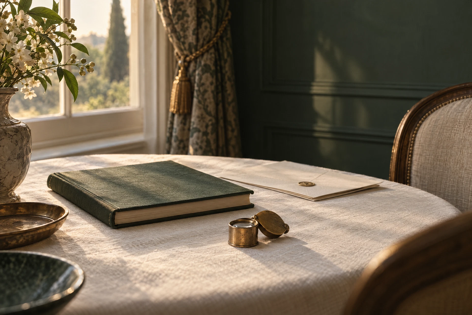 A quiet private salon table with a sketchbook and loupe